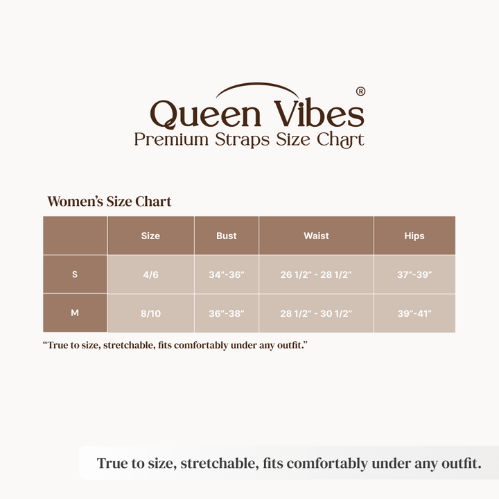 Queen Vibes premium straps size chart for women on a white background