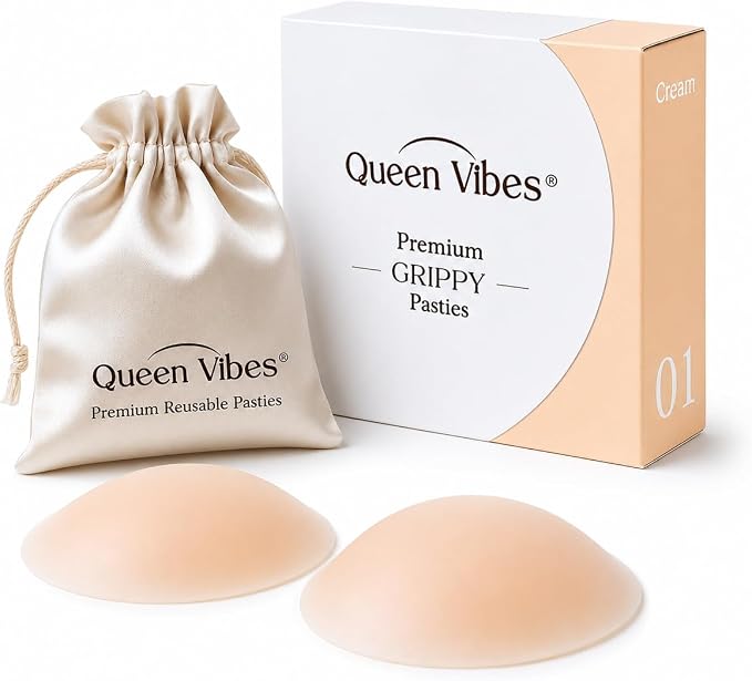 QueenVibes Grippy adhesive-free nipple covers in Cream with storage pouch and box