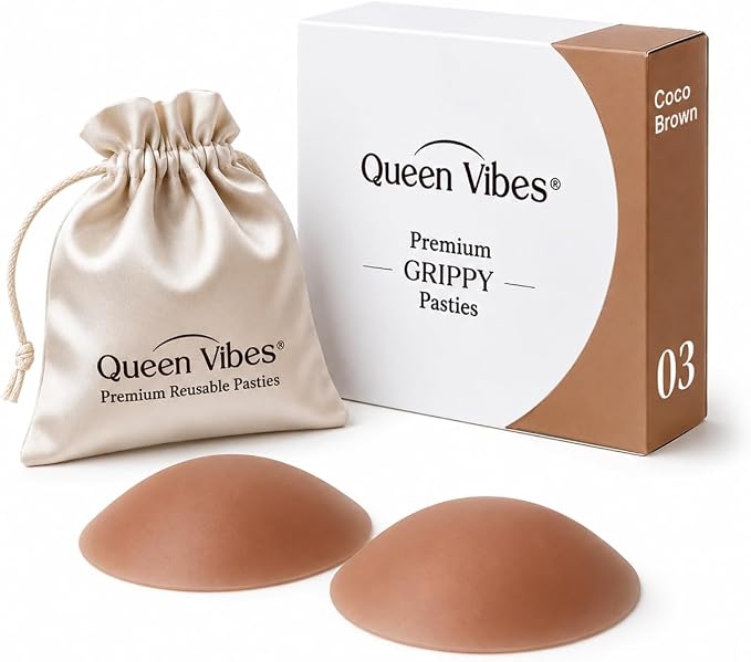 QueenVibes Grippy silicone nipple covers in Coco Brown with storage pouch and box
