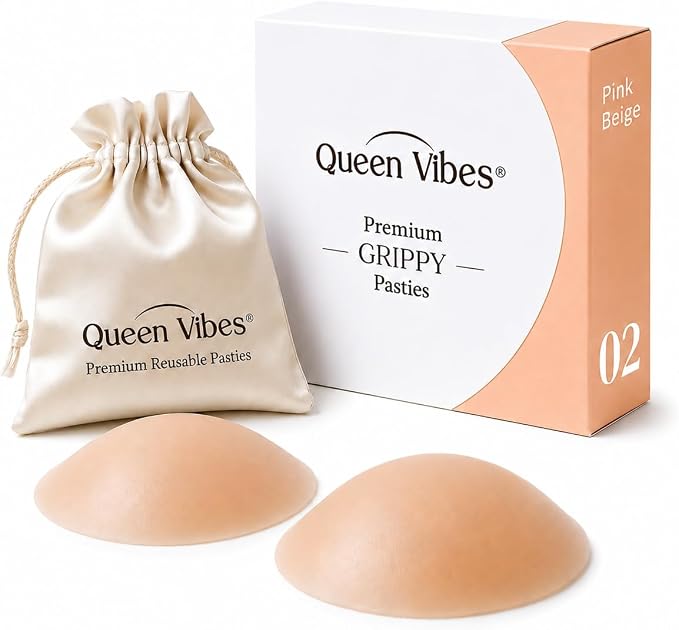 QueenVibes Grippy silicone nipple covers in Pink Beige with storage pouch and box