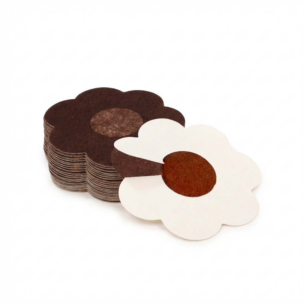 Stack of flower-shaped felt pieces with brown centers on a white background