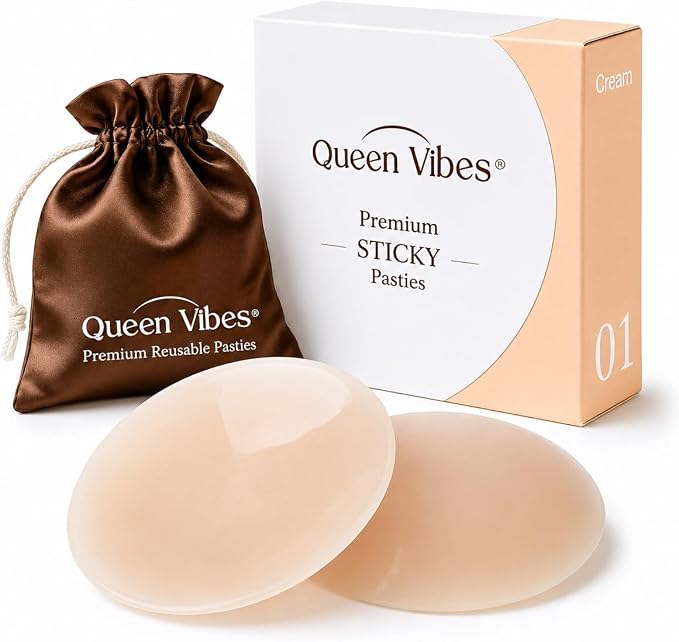 QueenVibes Sticky silicone nipple covers in Cream with brown storage pouch and box