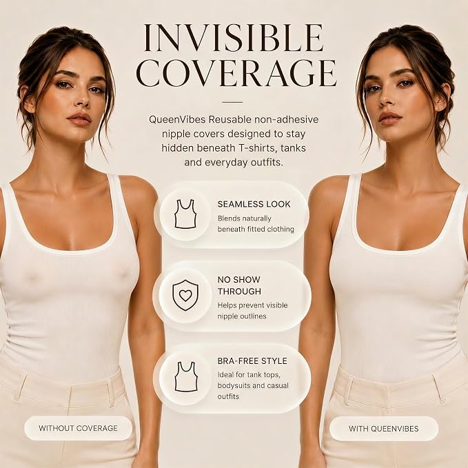 Comparison of a fitted white top worn with and without Grippy nipple covers
