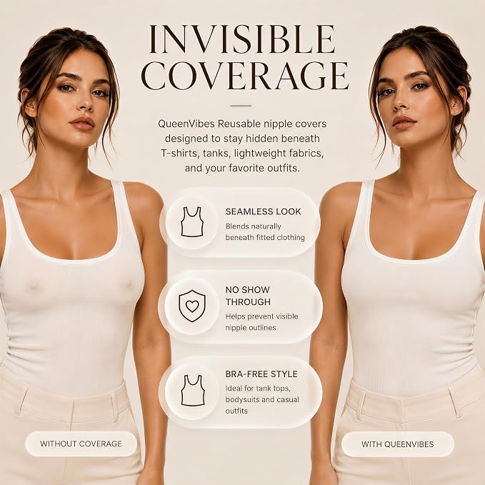 Comparison of a fitted white top worn with and without Sticky nipple covers