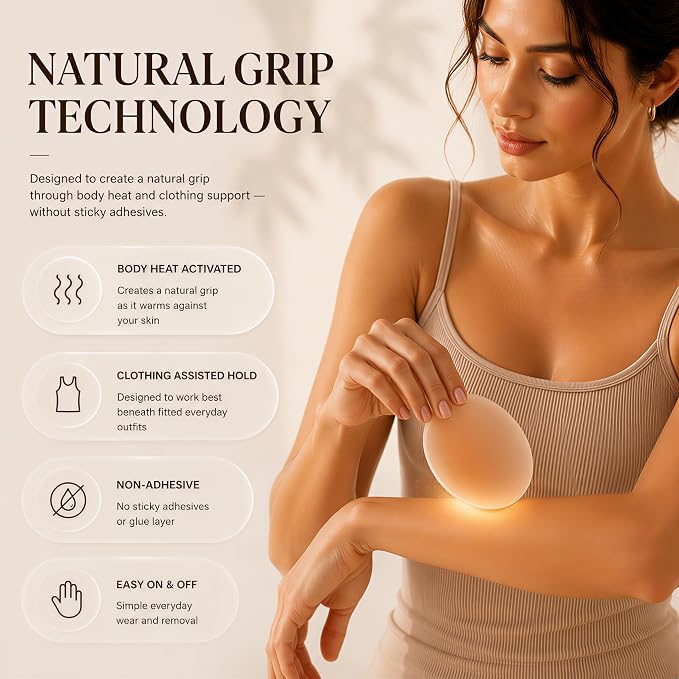 Grippy silicone nipple cover held against skin, with body-heat and clothing-support guidance