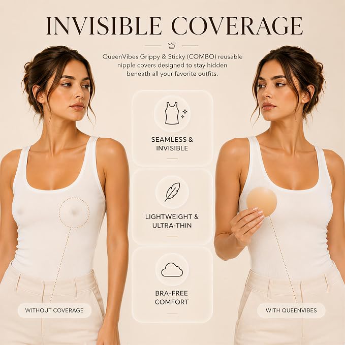 Comparison of a fitted white top worn with and without QueenVibes nipple covers