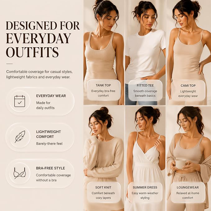 Everyday outfit examples for Grippy nipple covers, including fitted tees and tank tops