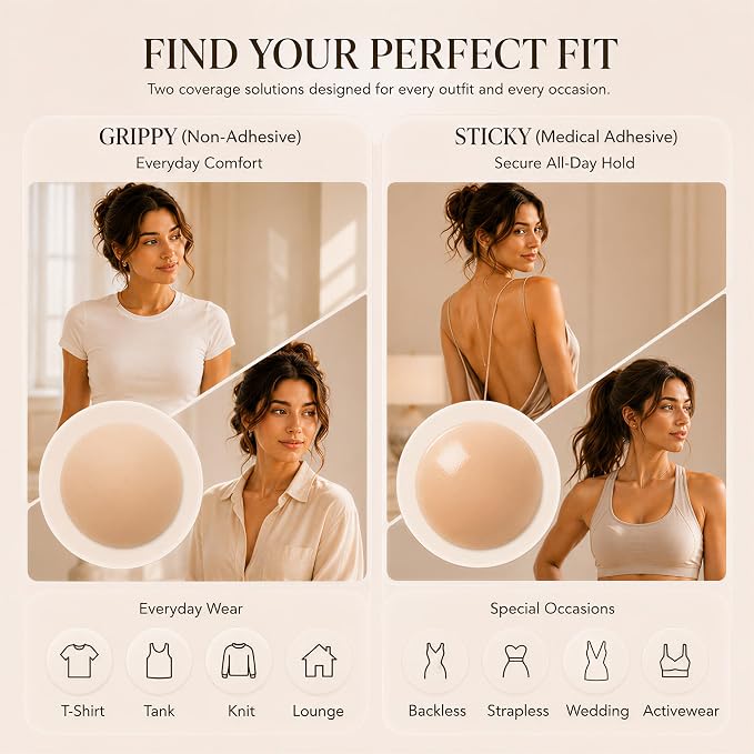 Outfit guide comparing Grippy for fitted clothing and Sticky for backless or strapless styles