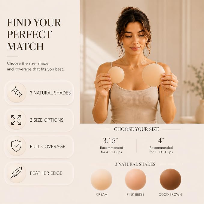 Nipple cover size guide comparing 3.15-inch and 4-inch diameters, with Cream, Pink Beige and Coco Brown shades