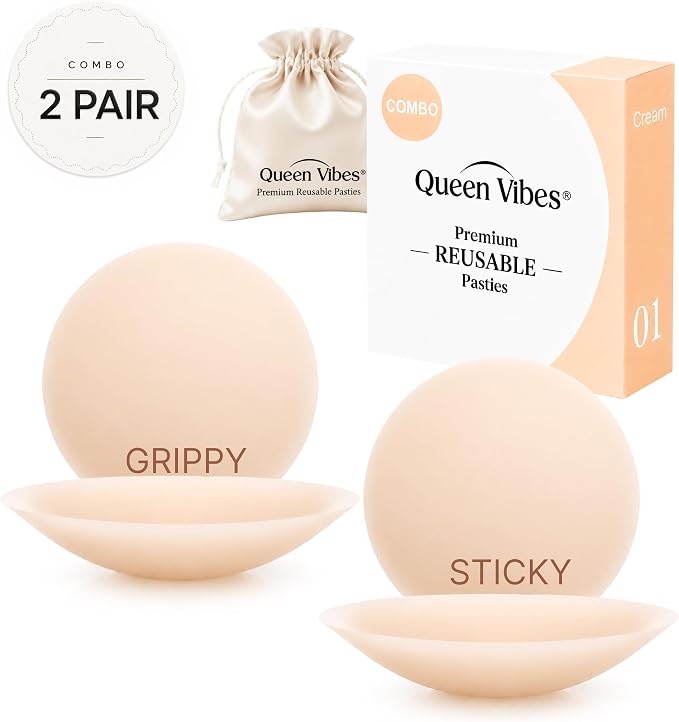QueenVibes Sticky and Grippy nipple cover set in Cream, two pairs with storage pouch and box