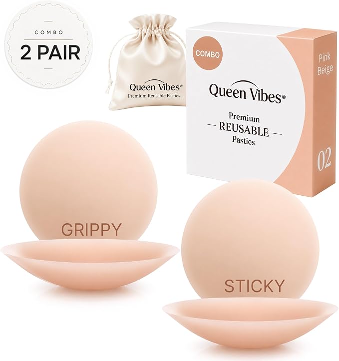 QueenVibes Sticky and Grippy nipple cover set in Pink Beige, two pairs with storage pouch and box