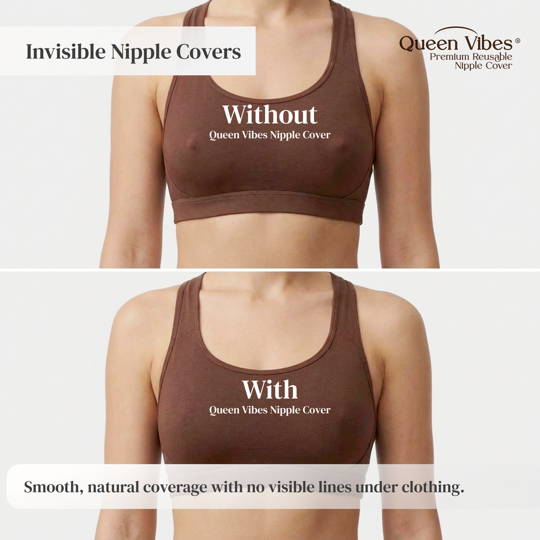Comparison of a brown sports bra with and without Queen Vibes Invisible Nipple Covers on a white background.