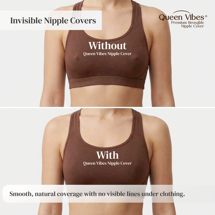 Comparison of a brown sports bra with and without Queen Vibes Invisible Nipple Covers on a white background.