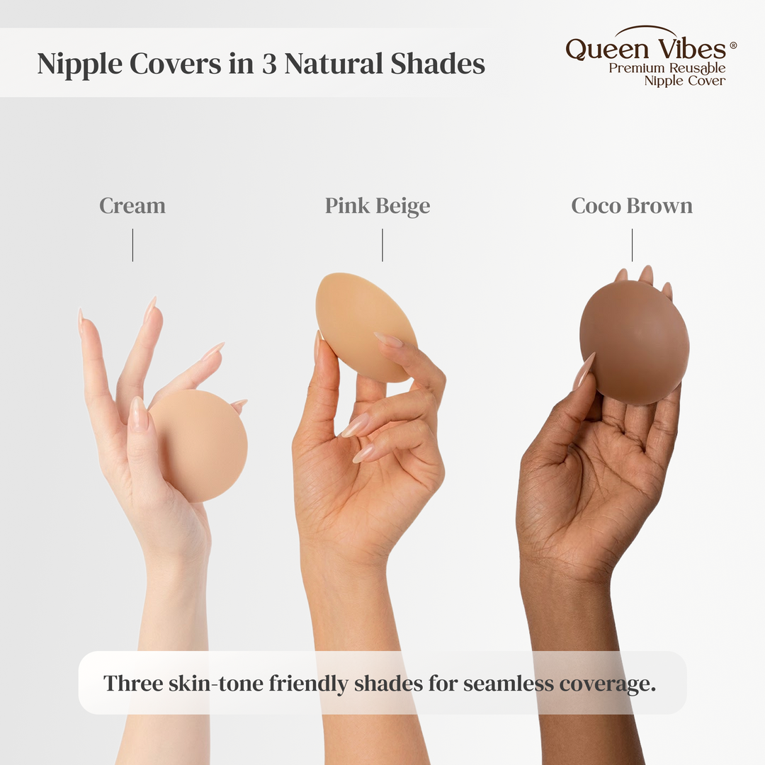 Three hands holding nipple covers in cream, pink beige, and coco brown shades with 'Queen Vibes' branding.