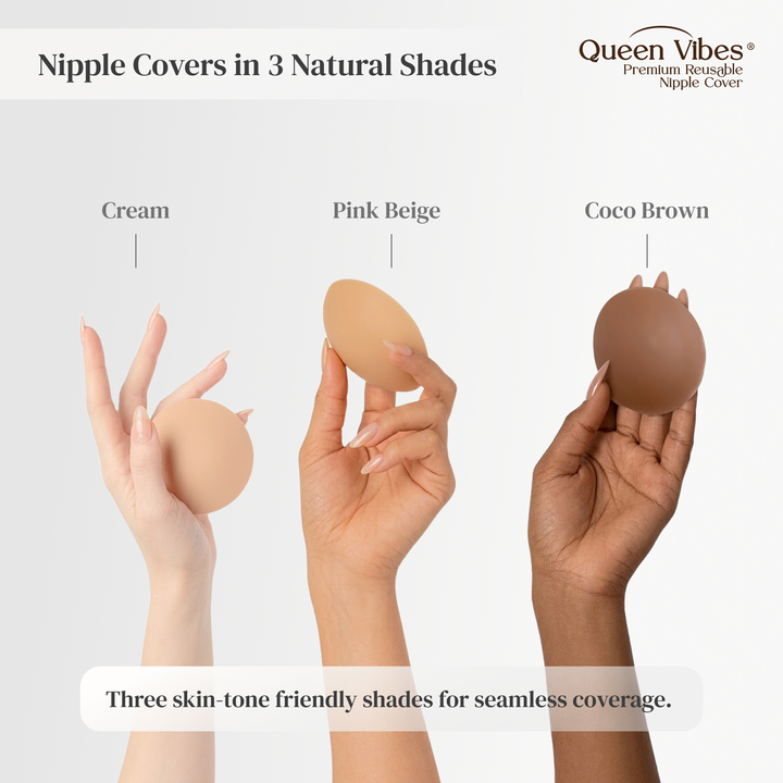 Three hands holding nipple covers in cream, pink beige, and coco brown shades with 'Queen Vibes' branding.
