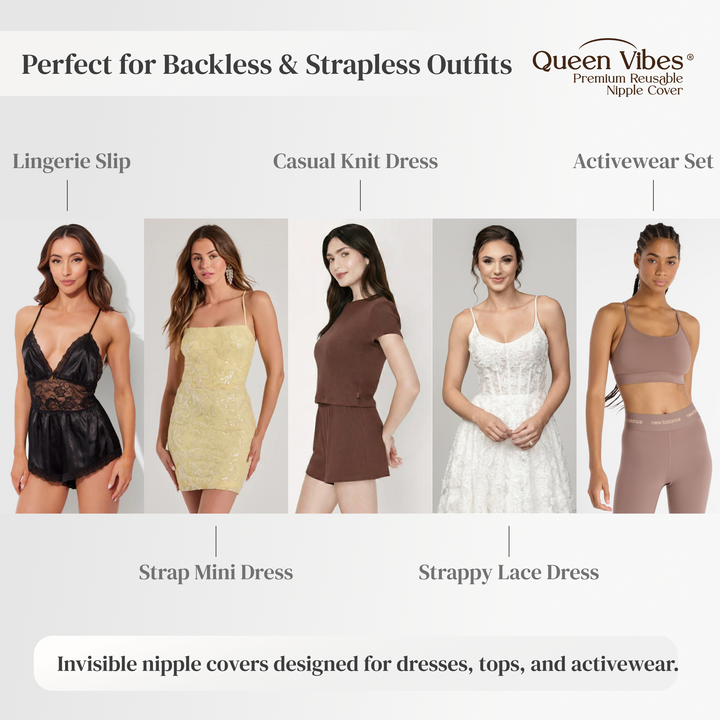 Promotional image of Queen Vibes invisible nipple covers with models wearing various outfits.