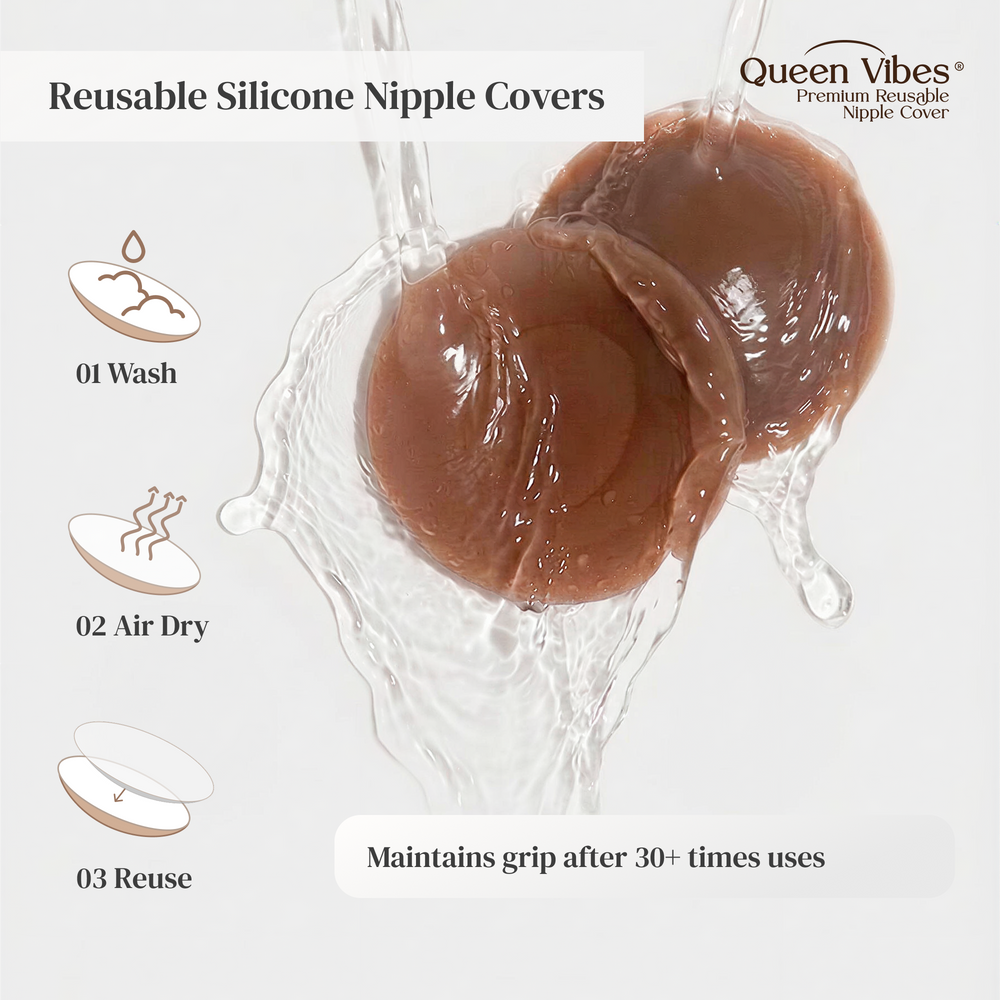 Reusable silicone nipple covers with washing and drying instructions on a white background.