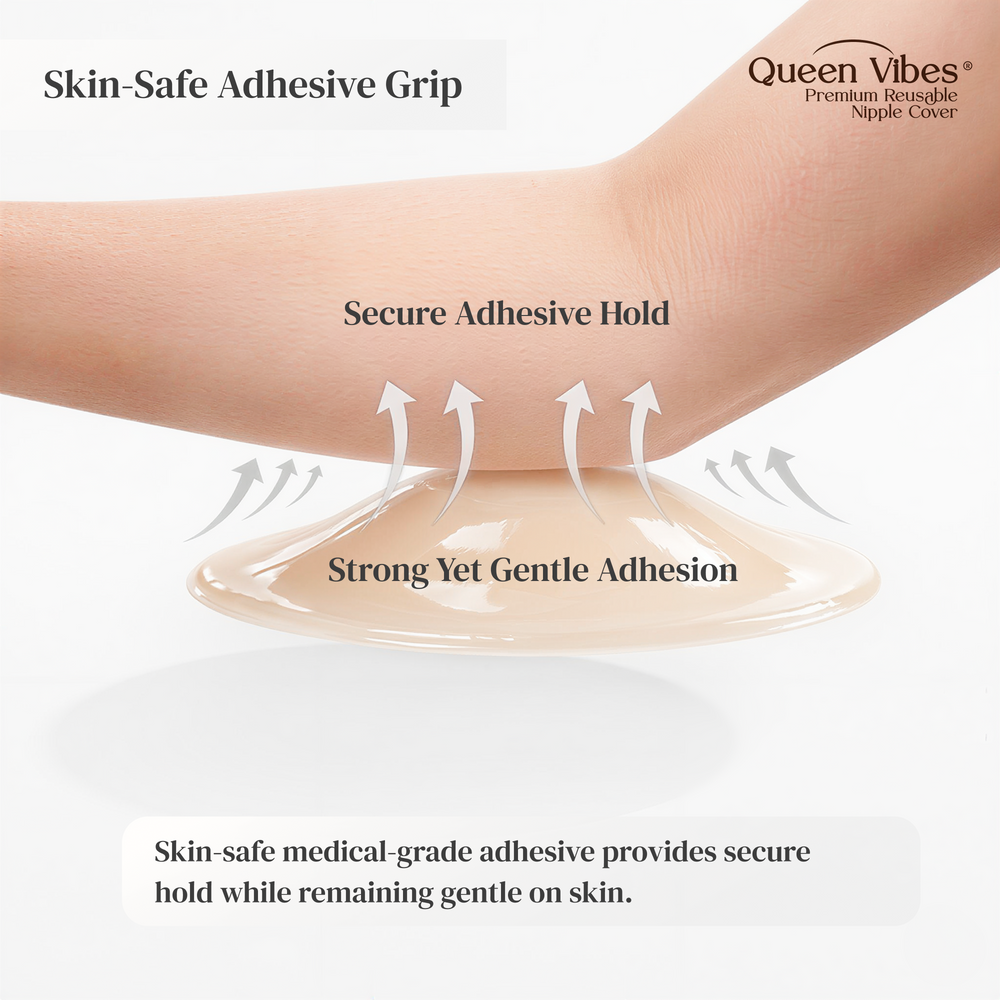 Skin-safe adhesive grip with 'Queen Vibes' branding on a white background