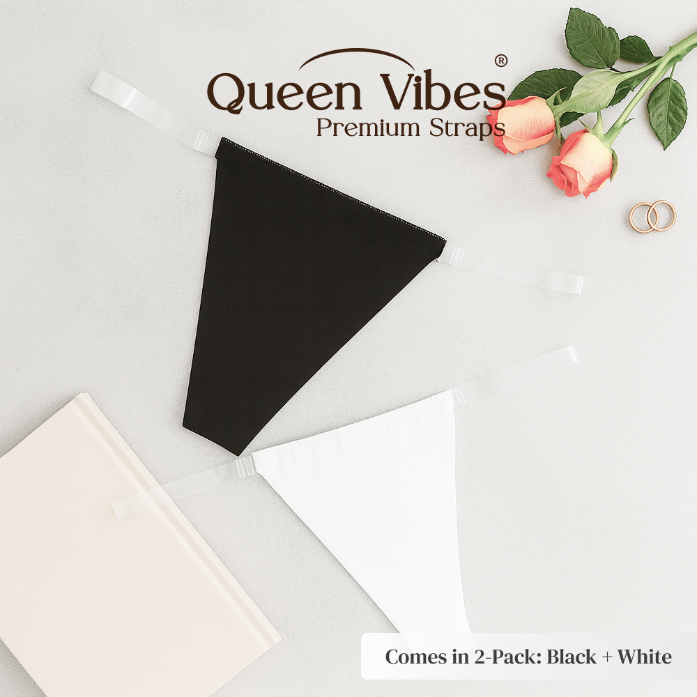 Black and white strappy underwear with 'Queen Vibes' branding on a light gray background with flowers and rings.