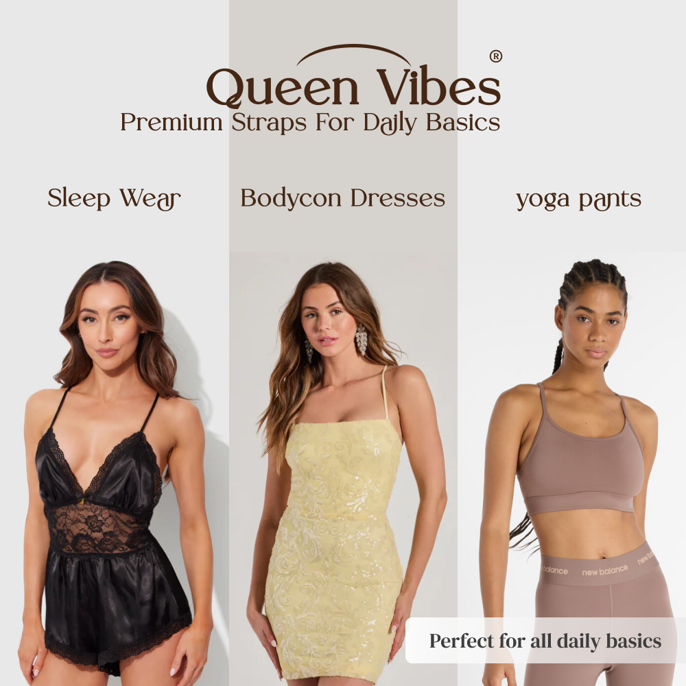 Three women modeling sleep wear, bodycon dresses, and yoga pants with 'Queen Vibes' branding.