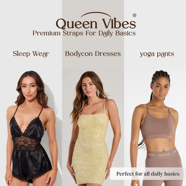Three women modeling sleep wear, bodycon dresses, and yoga pants with 'Queen Vibes' branding.