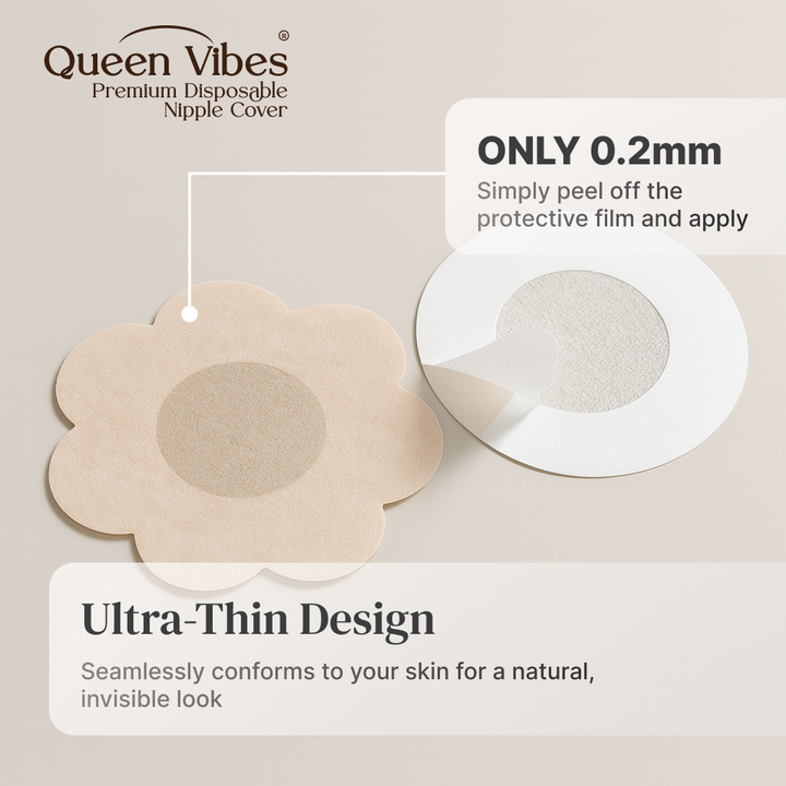 Queen Vibes disposable nipple cover with ultra-thin design on a light gray background