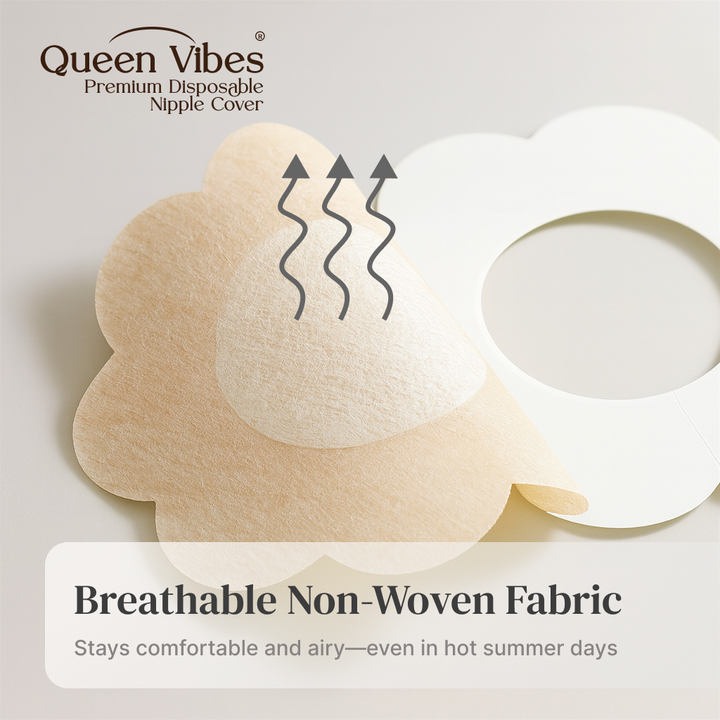 Queen Vibes disposable nipple cover with breathable non-woven fabric feature on a light background