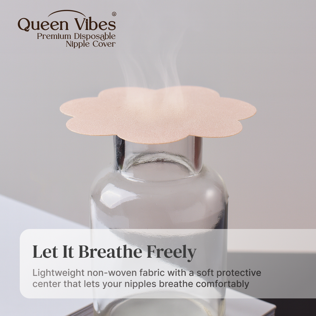 Queen Vibes disposable nipple cover on a clear bottle with promotional text.