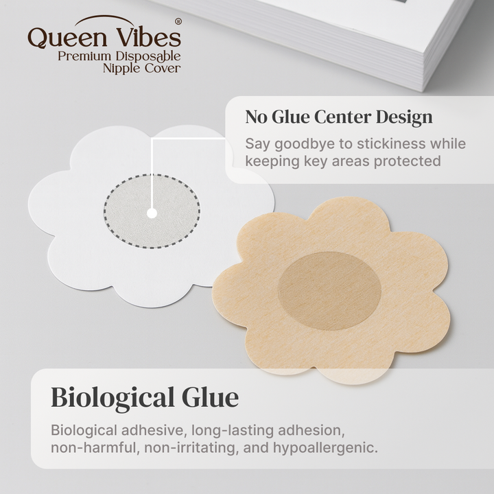 Queen Vibes disposable nipple cover with text highlighting features on a gray background