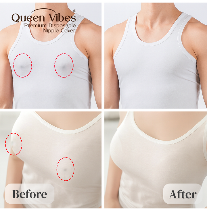 Before and after comparison of Queen Vibes disposable nipple cover on a white tank top.
