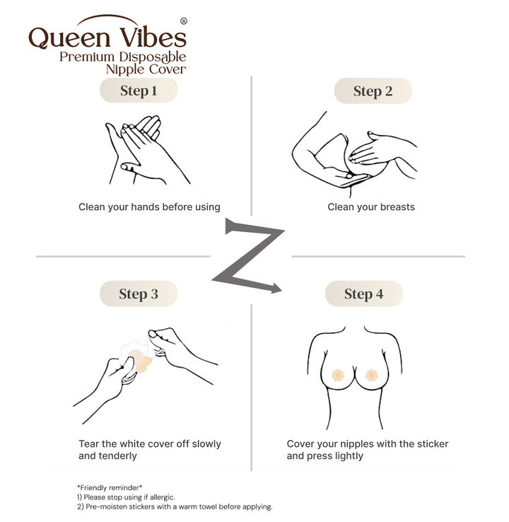 Instructions for using Queen Vibes premium disposable nipple cover on a white background
