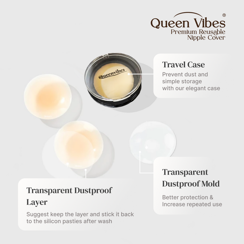 Queen Vibes reusable nipple cover with travel case on a light gray background