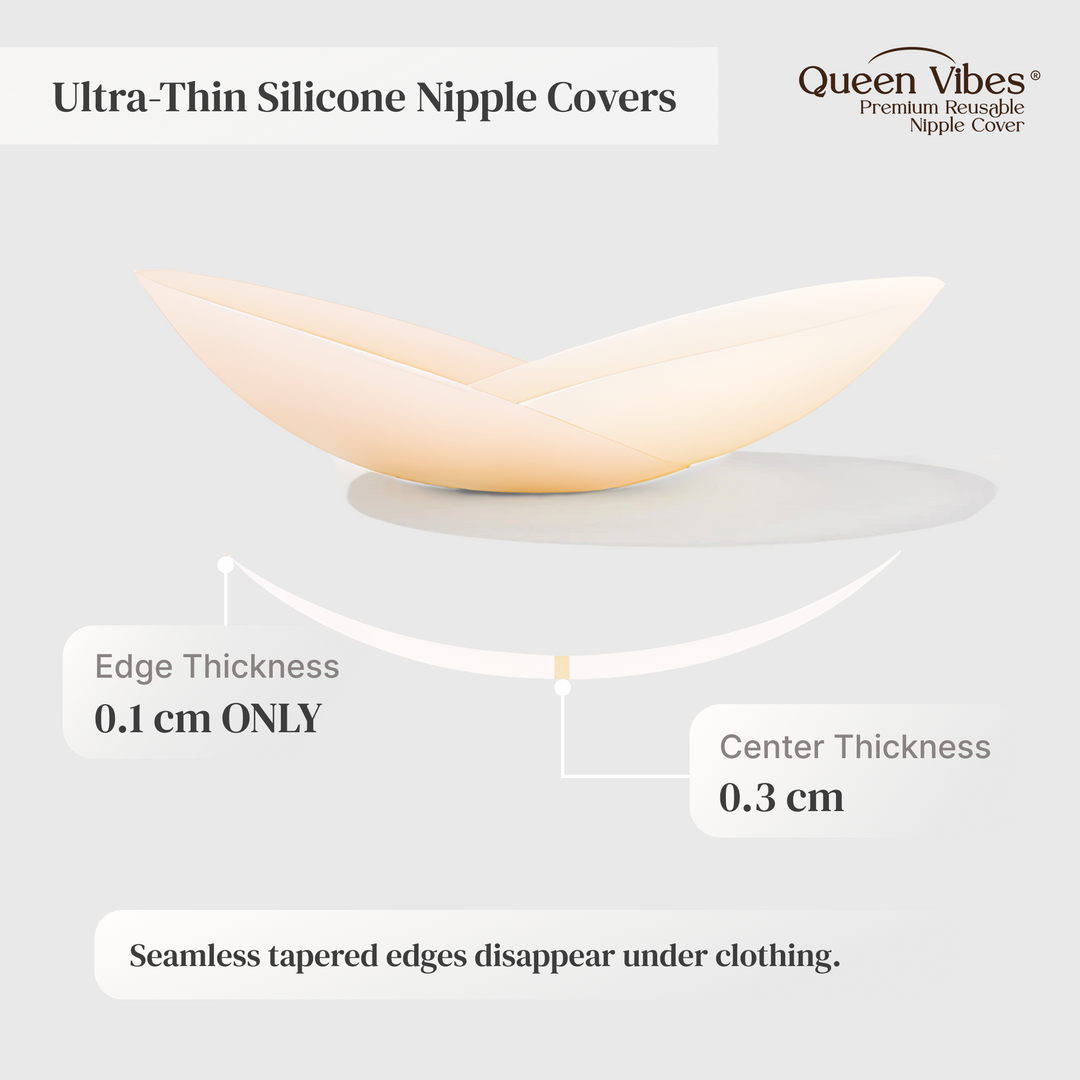 Ultra-thin silicone nipple cover with thickness measurements on a white background, featuring the brand 'Queen Vibes'.