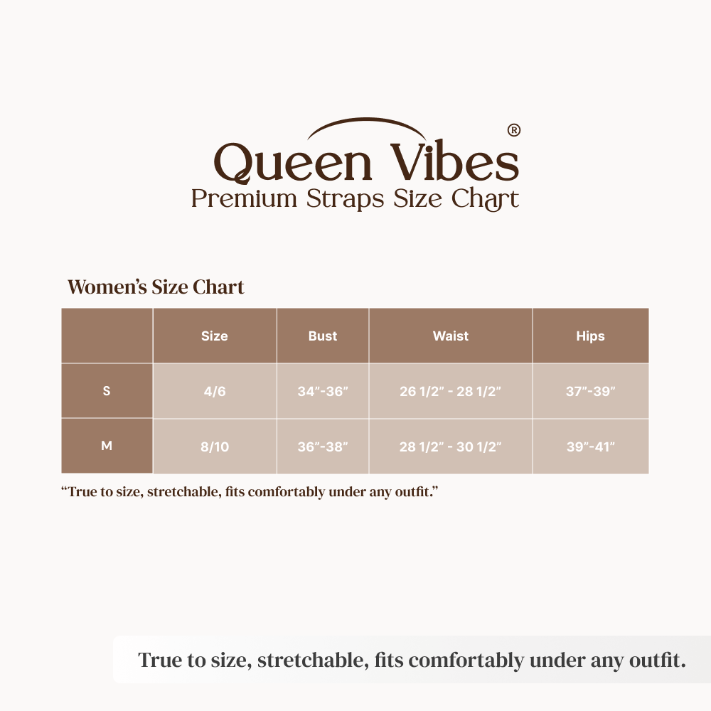 Queen Vibes premium straps size chart for women on a white background