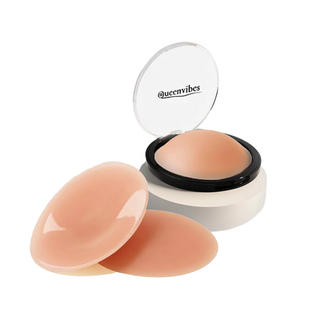 Compact makeup product with 'queenvibes' branding on a white background
