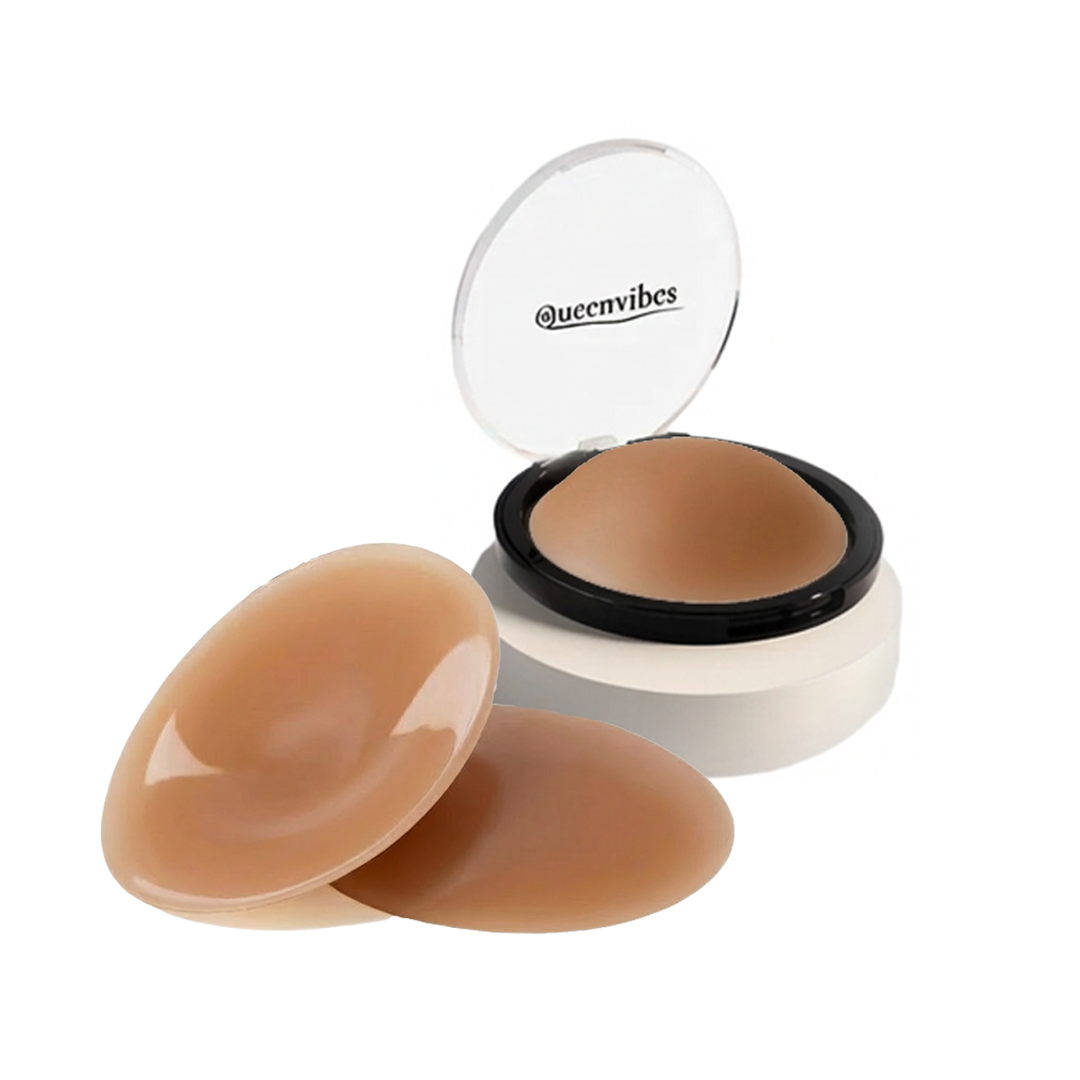 Compact makeup product with a clear lid showing 'queenc vibes' branding on a white background.