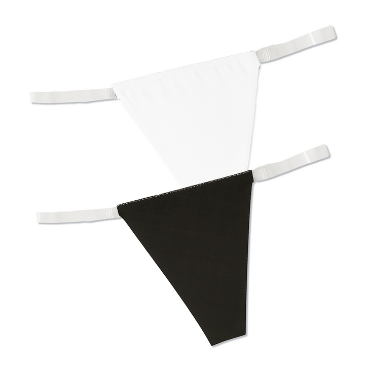 Black thong with white straps on a white background